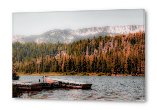 Boat on the lake with pine tree and mountain view background at Mammoth Lakes California USA Acrylic prints by Timmy333