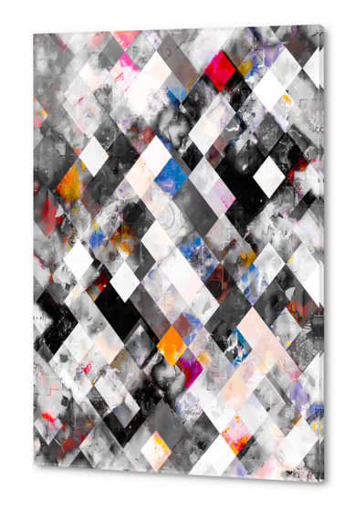 geometric pixel square pattern abstract art in blue pink yellow black and white Acrylic prints by Timmy333