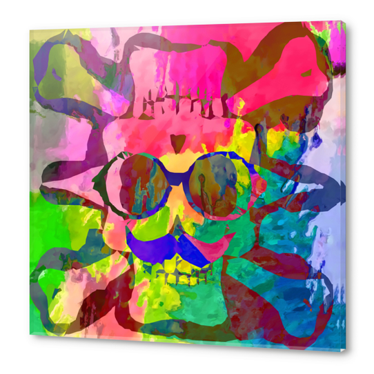 old vintage funny skull art portrait with painting abstract background in red pink yellow green blue Acrylic prints by Timmy333