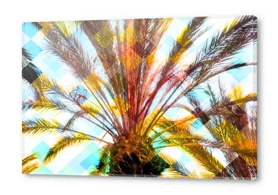 palm tree with geometric pixel square pattern abstract in yellow blue Acrylic prints by Timmy333