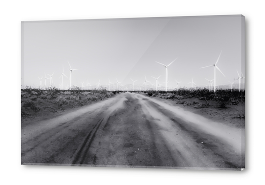 road in the desert with wind turbine in black and white Acrylic prints by Timmy333