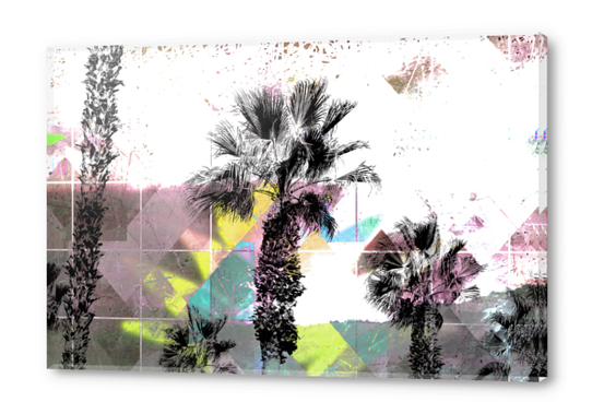 palm tree with geometric pixel square pattern abstract in pink yellow blue Acrylic prints by Timmy333