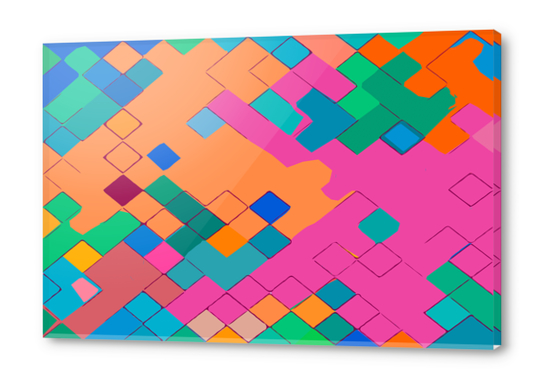 geometric square pixel pattern abstract in pink orange green Acrylic prints by Timmy333