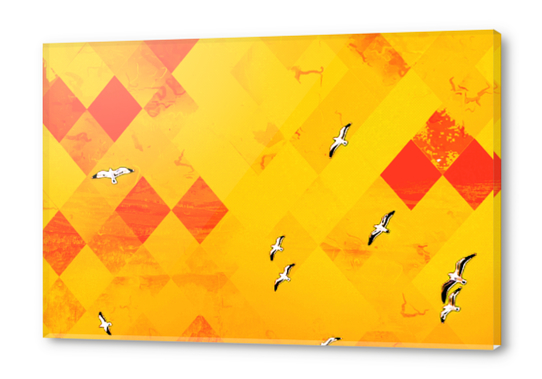 flying birds with red and yellow geometric pixel pattern background Acrylic prints by Timmy333