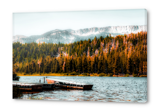 boat on the lake with pine tree and mountain background at Mammoth Lakes, California, USA Acrylic prints by Timmy333