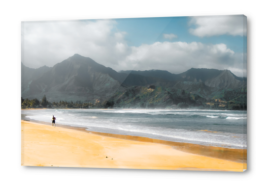 jogging at the beach with green mountain scenic Kauai Hawaii USA Acrylic prints by Timmy333