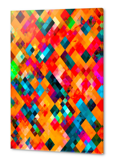 geometric pixel square pattern abstract art in orange pink red blue Acrylic prints by Timmy333