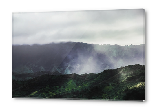 green tropical mountains with foggy sky at Kauai, Hawaii, USA Acrylic prints by Timmy333