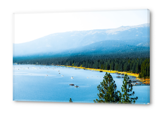 boats on the blue lake with pine tree and mountains at Lake Tahoe, Nevada, USA Acrylic prints by Timmy333