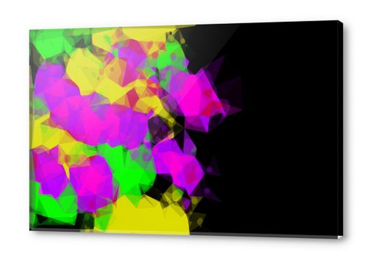 geometric triangle abstract pattern in pink purple yellow green with black background Acrylic prints by Timmy333