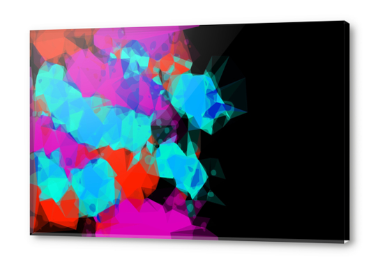geometric triangle abstract pattern in pink blue red with black background Acrylic prints by Timmy333