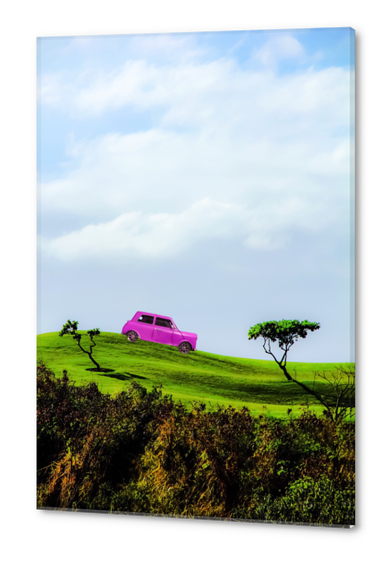 pink classic car on the green mountain with cloudy blue sky Acrylic prints by Timmy333