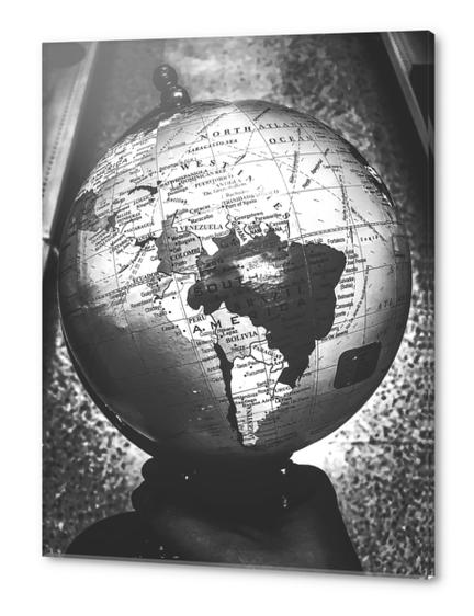holding globe map in black and white Acrylic prints by Timmy333