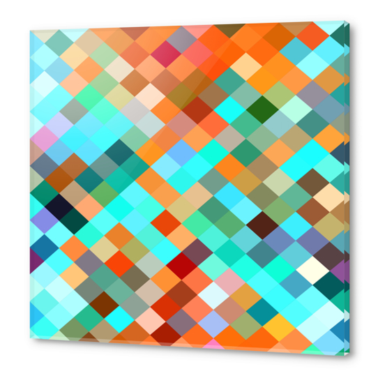 geometric square pixel pattern abstract in blue orange yellow brown green Acrylic prints by Timmy333