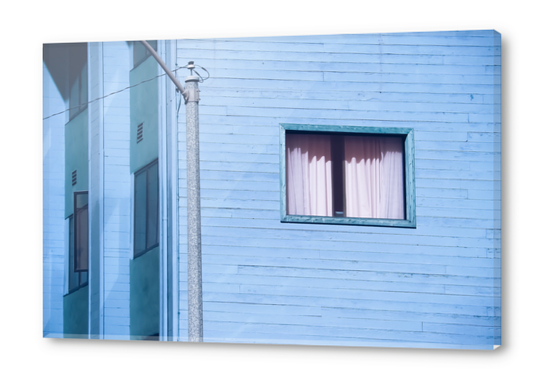 vintage blue wood building with window and electric pole Acrylic prints by Timmy333