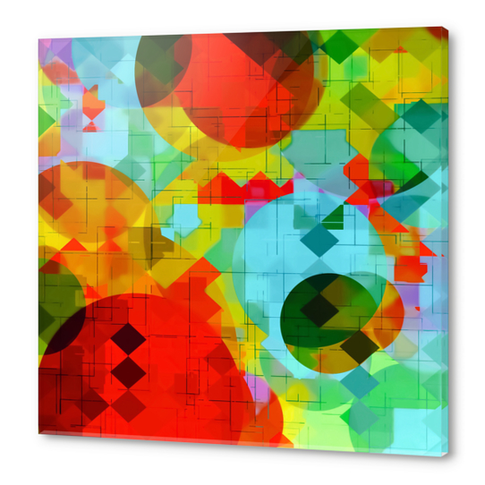 geometric square pixel and circle pattern abstract in red blue yellow Acrylic prints by Timmy333