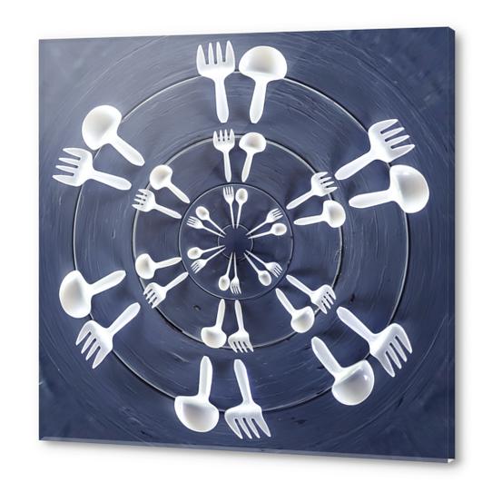 forks and spoons on the wooden table in circle pattern Acrylic prints by Timmy333