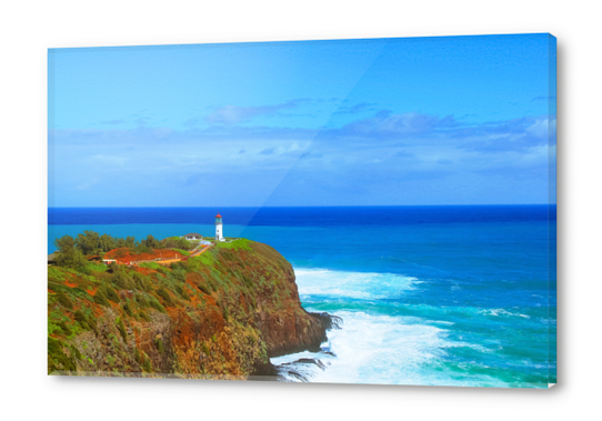 lighthouse on the green mountain with blue ocean and blue sky view at Kauai, Hawaii, USA Acrylic prints by Timmy333