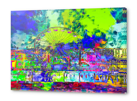 ferris wheel and buildings at Santa Monica pier, USA with colorful painting abstract background Acrylic prints by Timmy333