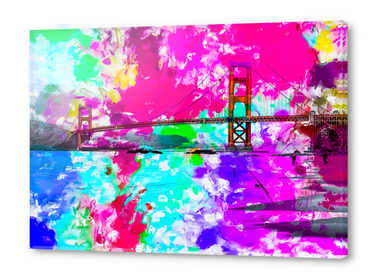 Golden Gate bridge, San Francisco, USA with pink blue green purple painting abstract background Acrylic prints by Timmy333
