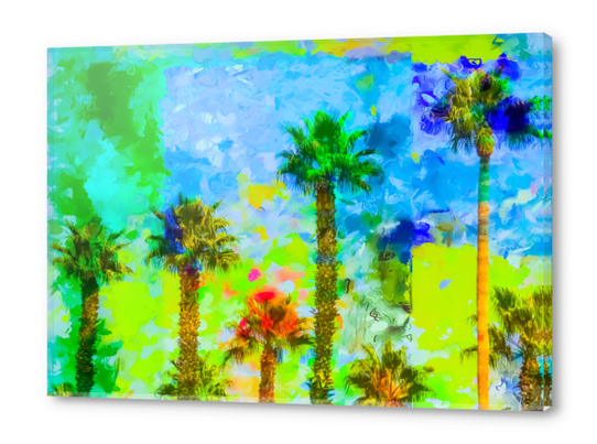 green palm tree with blue yellow green painting abstract background Acrylic prints by Timmy333