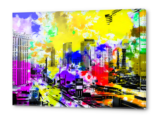 building of the hotel and casino at Las Vegas, USA with blue yellow red green purple painting abstract background Acrylic prints by Timmy333