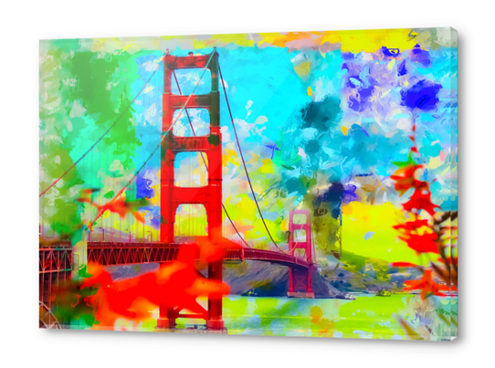 Golden Gate bridge, San Francisco, USA with blue yellow green painting abstract background Acrylic prints by Timmy333