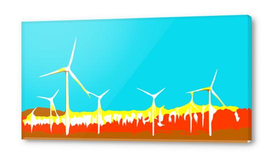 wind turbine in the desert with blue brown red and yellow background Acrylic prints by Timmy333