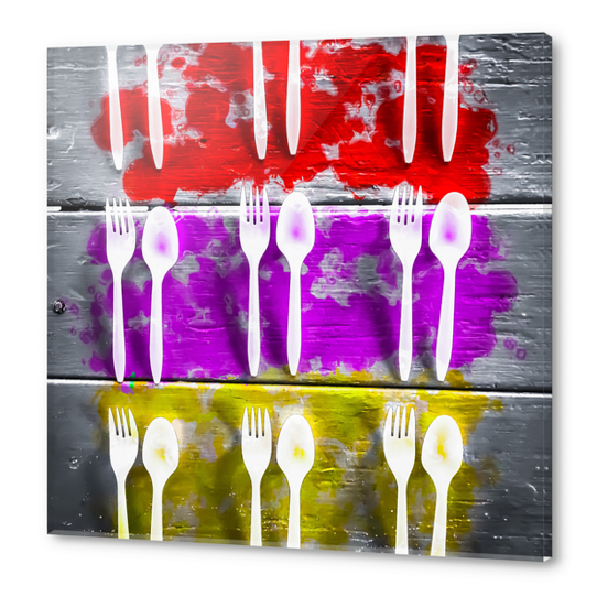 fork and spoon with splash painting texture abstract background in pink red yellow Acrylic prints by Timmy333