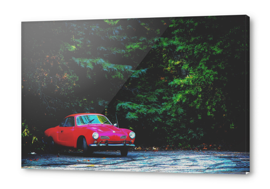 red classic car in the forest with green tree background Acrylic prints by Timmy333