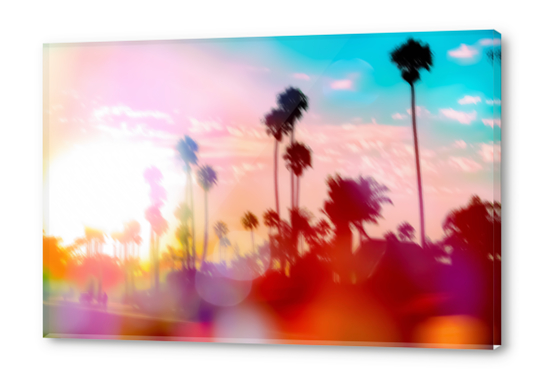 palm tree with sunset sky and light bokeh abstract background Acrylic prints by Timmy333