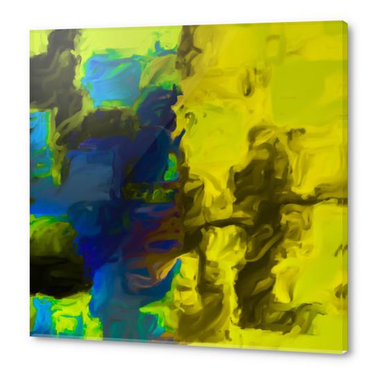 psychedelic splash painting abstract in yellow blue and black Acrylic prints by Timmy333