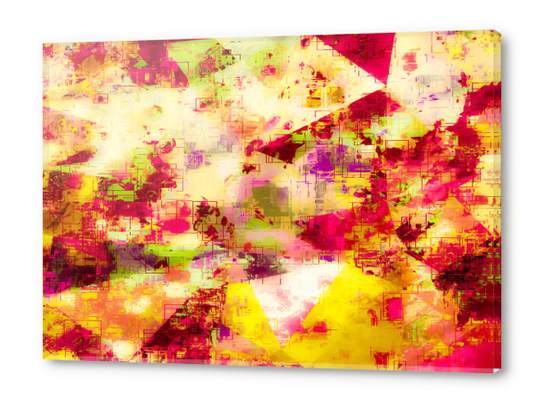 psychedelic geometric triangle polygon pattern abstract background in pink yellow red green Acrylic prints by Timmy333