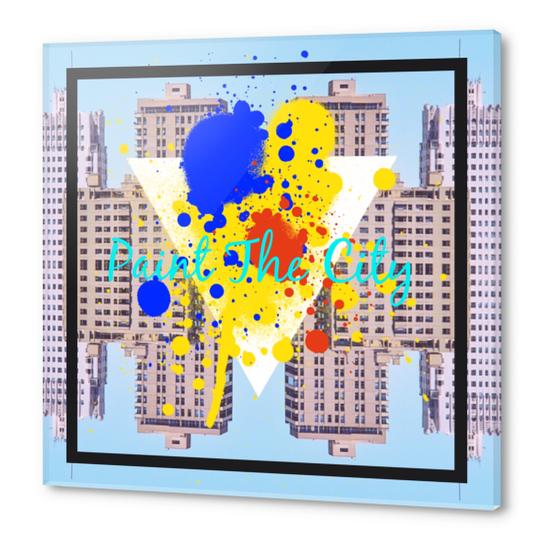 paint the city yellow blue and orange with buildings background Acrylic prints by Timmy333