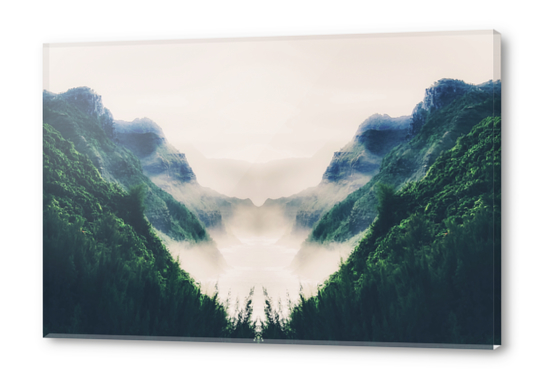 green mountains with ocean view and foggy sky Acrylic prints by Timmy333