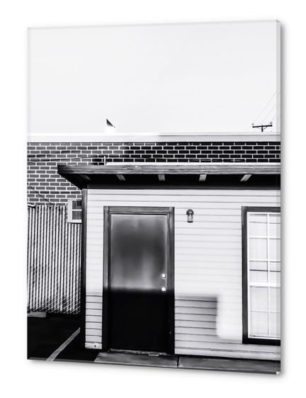 wood building with brick building background in black and white Acrylic prints by Timmy333