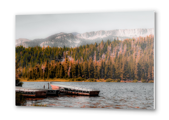 Boat on the lake with pine tree and mountain view background at Mammoth Lakes California USA Metal prints by Timmy333