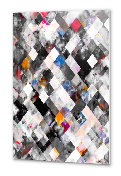 geometric pixel square pattern abstract art in blue pink yellow black and white Metal prints by Timmy333