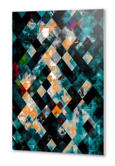 geometric pixel square pattern abstract art in blue green orange brown Metal prints by Timmy333