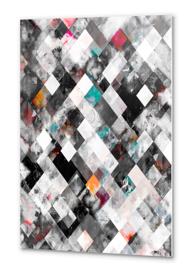 geometric pixel square pattern abstract art in pink blue yellow black and white Metal prints by Timmy333