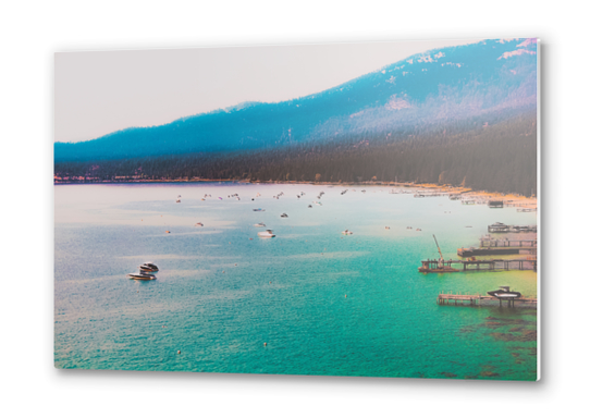 Boat on the water and mountain background at Lake Tahoe Nevada USA Metal prints by Timmy333