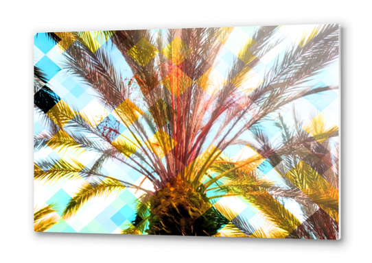 palm tree with geometric pixel square pattern abstract in yellow blue Metal prints by Timmy333