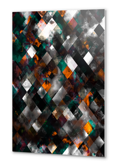 geometric pixel square pattern abstract art in orange green black Metal prints by Timmy333