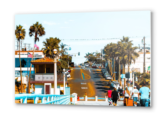 road to the pier with palm tree at Manhattan Beach, California, USA Metal prints by Timmy333