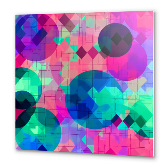 geometric square pixel and circle pattern abstract in pink blue green Metal prints by Timmy333