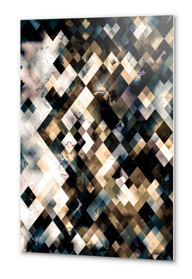 geometric pixel square pattern abstract art background in brown blue Metal prints by Timmy333