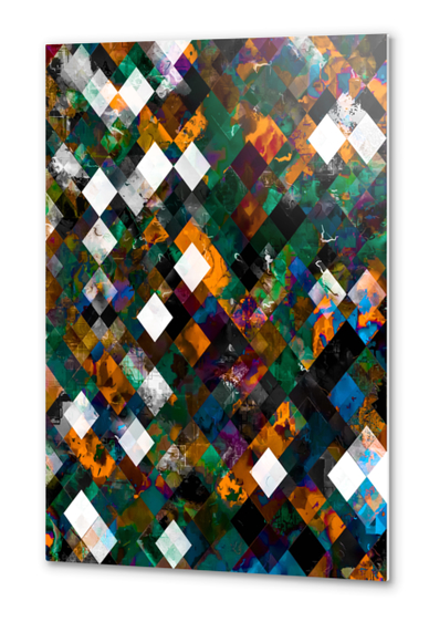 geometric pixel square pattern abstract art in orange brown blue green Metal prints by Timmy333