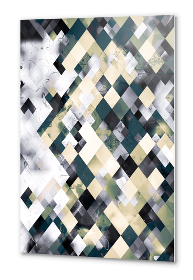 geometric square pixel pattern abstract art in green brown black Metal prints by Timmy333