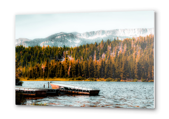 boat on the lake with pine tree and mountain background at Mammoth Lakes, California, USA Metal prints by Timmy333