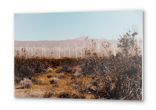 Desert and wind turbine with mountain background at Kern County California USA Metal prints by Timmy333